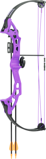 Bear Archery Brave Youth compound bow package in color purple Includes Whisker Biscuit, Arrows, Armguard, and Arrow Quiver.