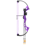 Bear Brave kids bow and arrow set in color purple includes Whisker Biscuit, 1-pin sight, finger rollers, armguard, and arrow quiver.