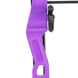 Close up of Bear Brave Youth Bow in color purple includes Whisker Biscuit, Arrows, Armguard, and Arrow Quiver.