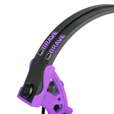 Close up of Bear Brave youth compound bow package limbs and logo in color purple.