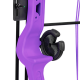 Close up of the Trophy Ridge Whisker Biscuit on the Bear Brave kids bow and arrow set in color purple.