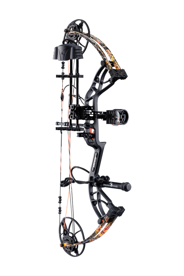 Bear Archery Cruzer G4 Compound Bow for bowhunting displayed against a transparent background, emphasizing its professional build quality, Wildfire color option, and Trophy Ridge ready-to-hunt accessories.
