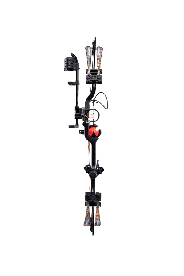 Front view Bear Cruzer G4 Compact Bow in color Wildfire with Trophy Ridge Ready-To-Hunt accessories.