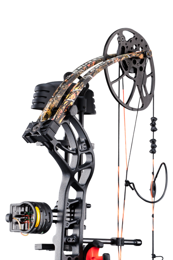 Close up of Trophy Ridge four pin sight and v-biscuit arrow rest. As well as Bear Archery's Cruzer G4 cam system and Wildfire color limbs.
