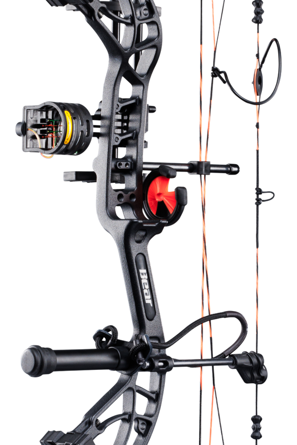 Close up of Bear Archery Cruzer G4 compact bow in color Wildfire highlighting Trophy Ridge accessories including a V-Biscuit rest, premium 4 pin sight, stabilizer, Radial peep sight, and wrist sling.
