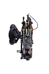 Close up of compound bow limbs showcasing Bear Archery Cruzer G4 compact bow logo on color Wildfire.