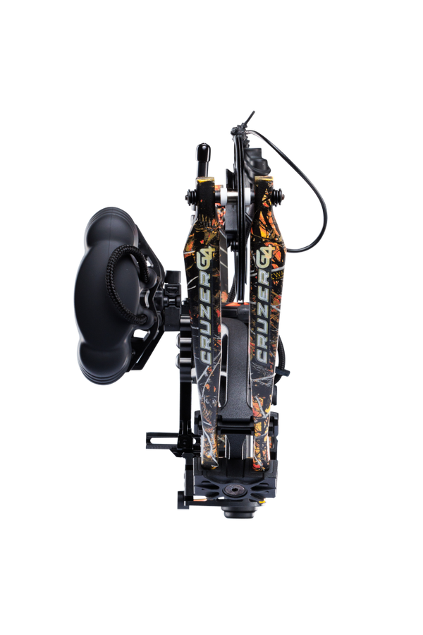 Close up of compound bow limbs showcasing Bear Archery Cruzer G4 compact bow logo on color Wildfire.
