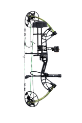 Side view of the Bear Archery Cruzer G4 Compound Bow in color Toxic highlighting its Trophy Ridge Ready-To-Hunt package, featuring a V-Biscuit rest, premium 4 pin sight, 5 arrow quiver, stabilizer, Radial peep sight, and wrist sling.