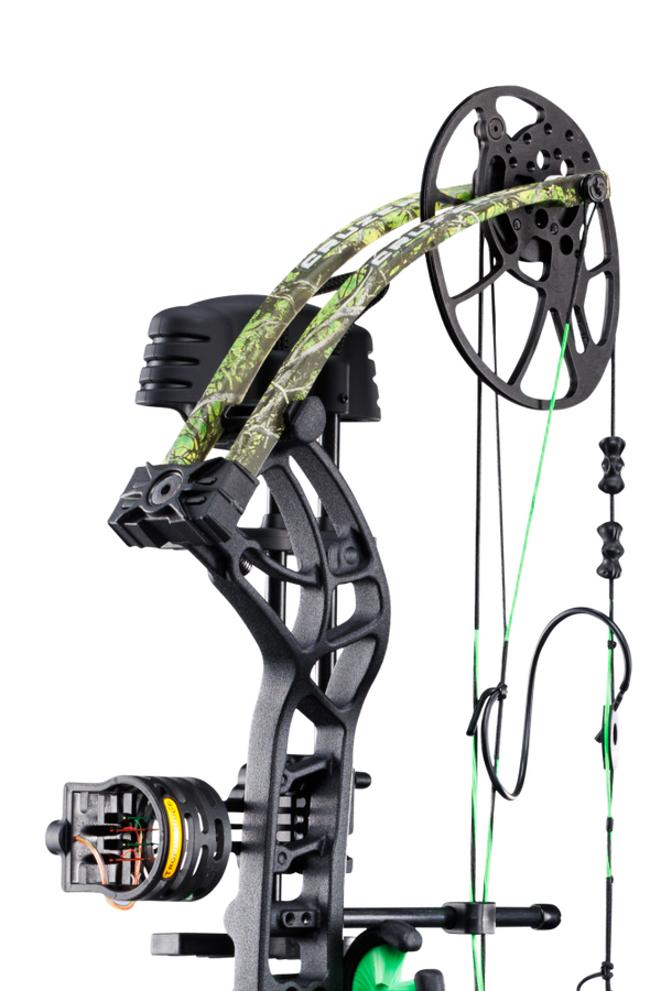 Close up of Trophy Ridge four pin sight and v-biscuit arrow rest. As well as Bear Archery's Cruzer G4 cam system and Toxic color limbs.