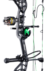 Close up of Bear Archery Cruzer G4 compound bow in color Toxic highlighting Trophy Ridge accessories including a V-Biscuit rest, premium 4 pin sight, stabilizer, Radial peep sight, and wrist sling.