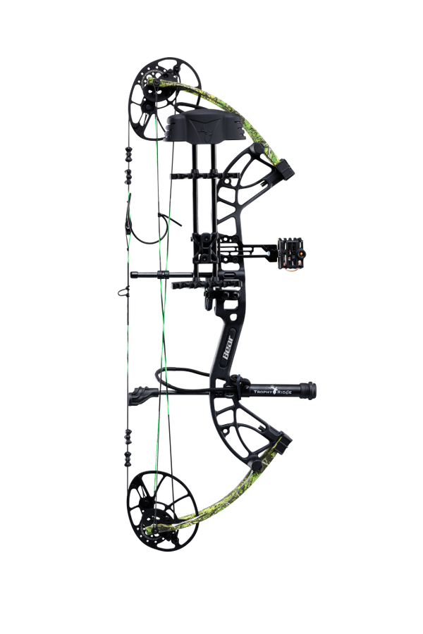 Side view of the Bear Archery Cruzer G4 Compound Bow in color Toxic highlighting its Trophy Ridge Ready-To-Hunt package, featuring a V-Biscuit rest, premium 4 pin sight, 5 arrow quiver, stabilizer, Radial peep sight, and wrist sling.