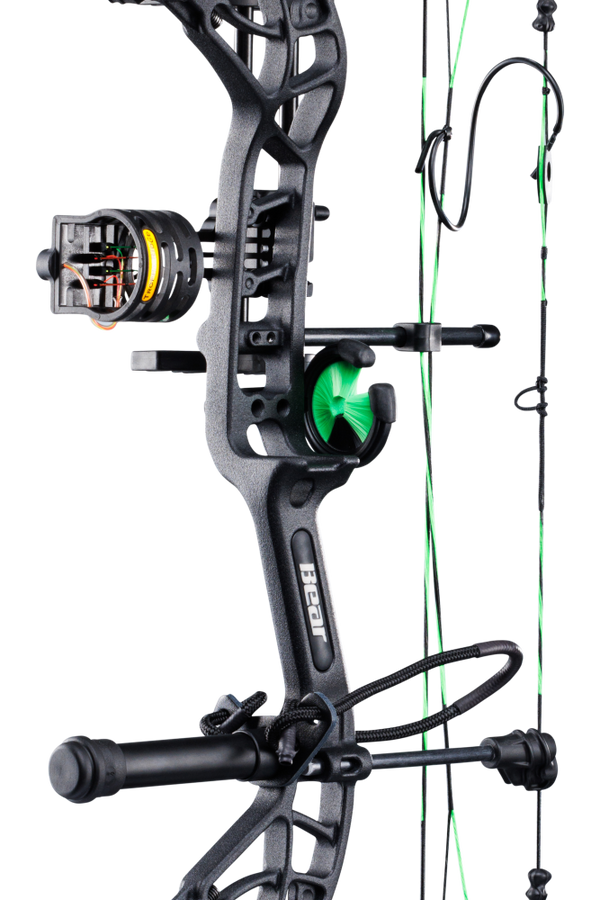 Close up of Bear Archery Cruzer G4 compound bow in color Toxic highlighting Trophy Ridge accessories including a V-Biscuit rest, premium 4 pin sight, stabilizer, Radial peep sight, and wrist sling.