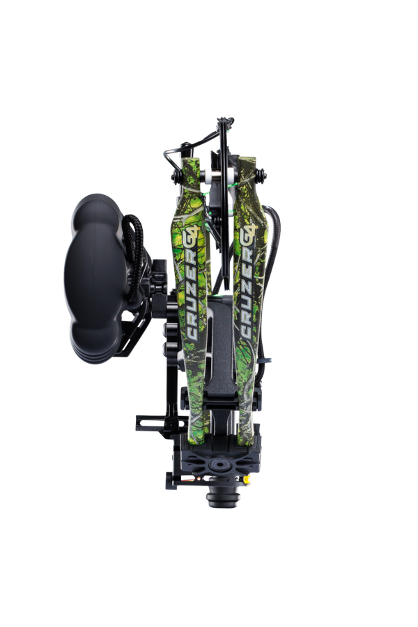 Close up of compound bow limbs showcasing Bear Archery Cruzer G4 compact bow logo on color Toxic.