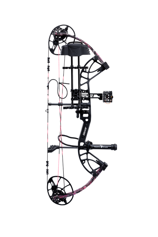 Side view of the Bear Archery Cruzer G4 Compound Bow in color Muddy highlighting its Trophy Ridge Ready-To-Hunt package, featuring a V-Biscuit rest, premium 4 pin sight, 5 arrow quiver, stabilizer, Radial peep sight, and wrist sling.