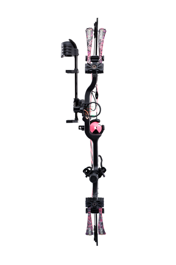 Front view Bear Cruzer G4 Compact Bow in color Muddy with Trophy Ridge Ready-To-Hunt accessories.