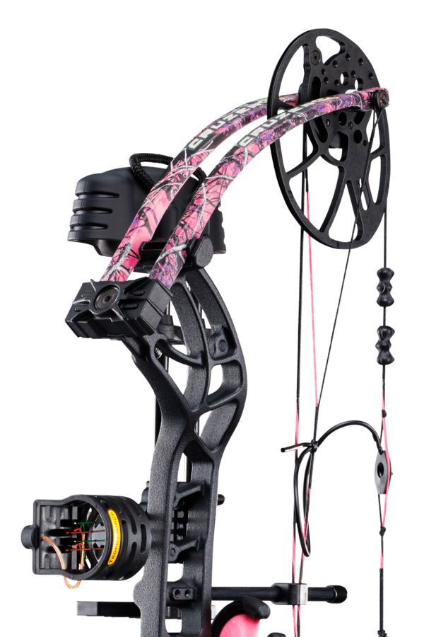 Close up of Trophy Ridge four pin sight and v-biscuit arrow rest. As well as Bear Archery's Cruzer G4 cam system and Muddy color limbs.