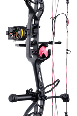 Close up of Bear Archery Cruzer G4 compound bow in color Muddy highlighting Trophy Ridge accessories including a V-Biscuit rest, premium 4 pin sight, stabilizer, Radial peep sight, and wrist sling.