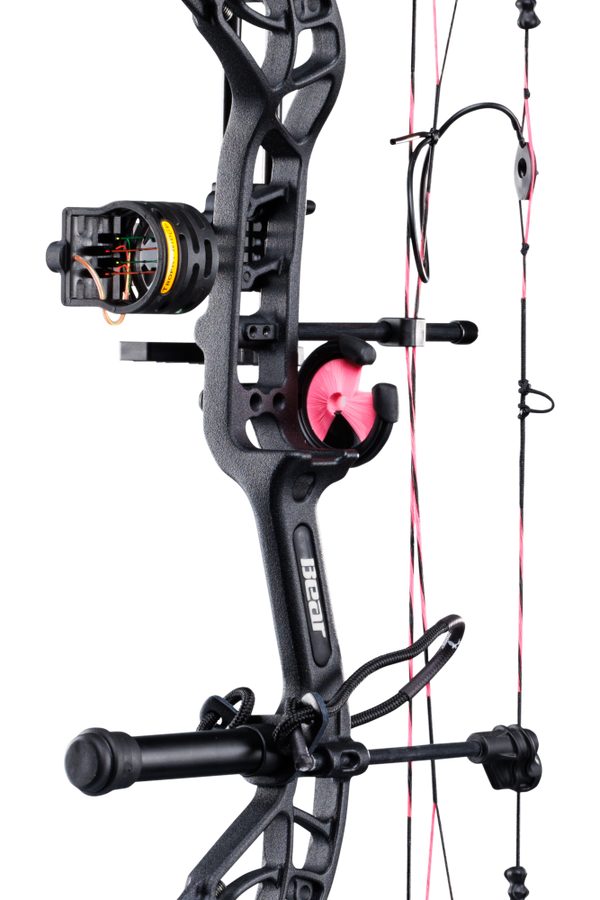 Close up of Bear Archery Cruzer G4 compound bow in color Muddy highlighting Trophy Ridge accessories including a V-Biscuit rest, premium 4 pin sight, stabilizer, Radial peep sight, and wrist sling.