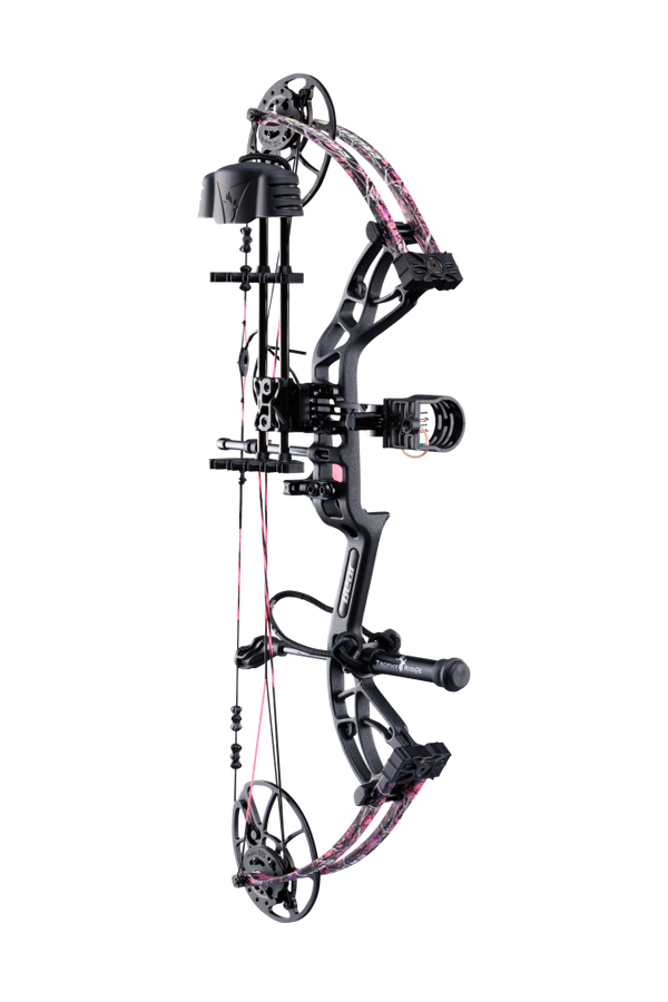 Side view of the Bear Archery Cruzer G4 Compound Bow in color Muddy highlighting its Trophy Ridge Ready-To-Hunt package, featuring a V-Biscuit rest, premium 4 pin sight, 5 arrow quiver, stabilizer, Radial peep sight, and wrist sling.