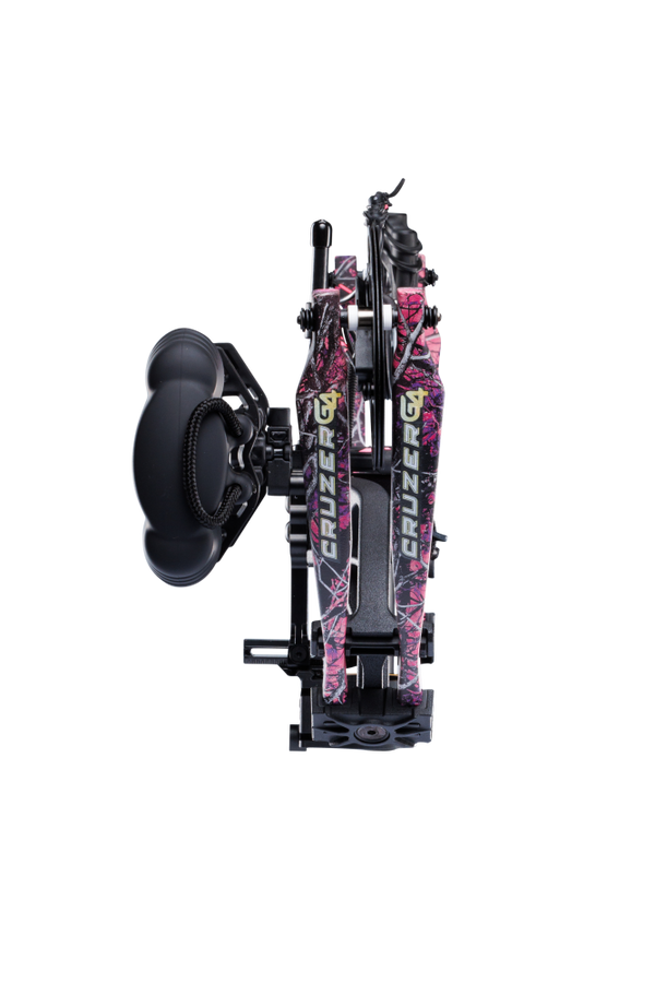 Close up of compound bow limbs showcasing Bear Archery Cruzer G4 compact bow logo on color Muddy.