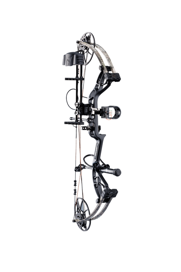 Side view of the Bear Archery Cruzer G4 Compound Bow in color True Timber Strata highlighting its Trophy Ridge Ready-To-Hunt package, featuring a V-Biscuit rest, premium 4 pin sight, 5 arrow quiver, stabilizer, Radial peep sight, and wrist sling.