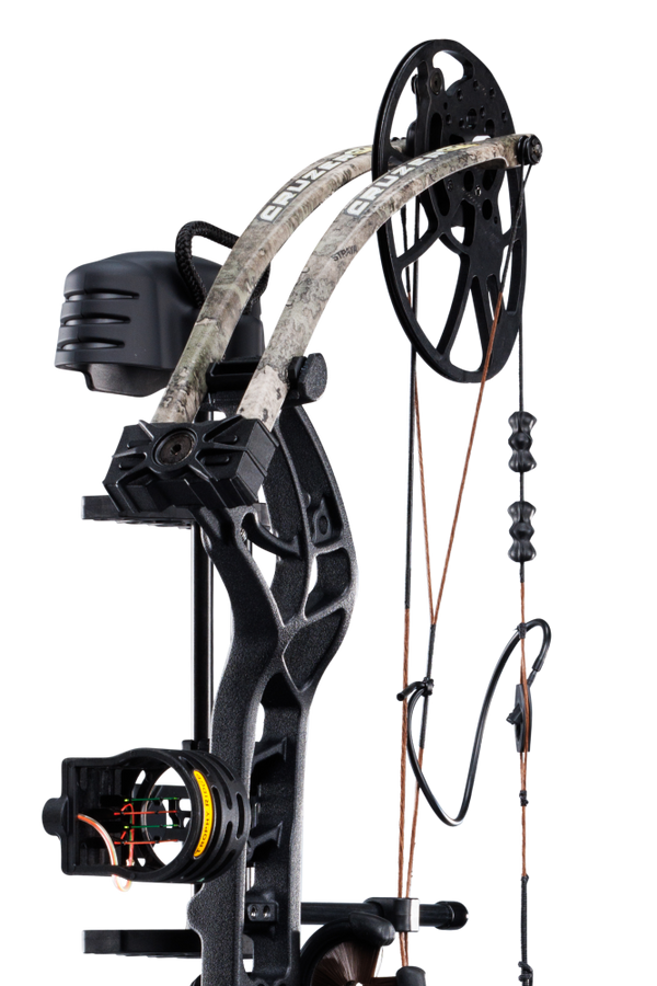 Close up of Trophy Ridge four pin sight and v-biscuit arrow rest. As well as Bear Archery's Cruzer G4 cam system and True Timber Strata camo color limbs.
