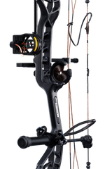 Close up of Bear Archery Cruzer G4 compound bow in color True Timber Strata highlighting Trophy Ridge accessories including a V-Biscuit rest, premium 4 pin sight, stabilizer, Radial peep sight, and wrist sling.