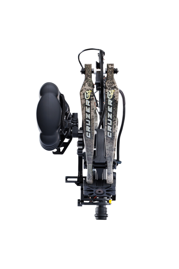Close up of compound bow limbs showcasing Bear Archery Cruzer G4 compact bow logo on color True Timber Strata.