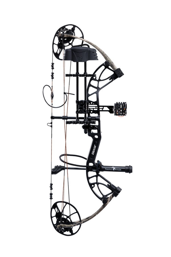 Bear Archery Cruzer G4 Compound Bow for bowhunting displayed against a transparent background, emphasizing its professional build quality, True Timber Strata color option, and Trophy Ridge ready-to-hunt accessories.