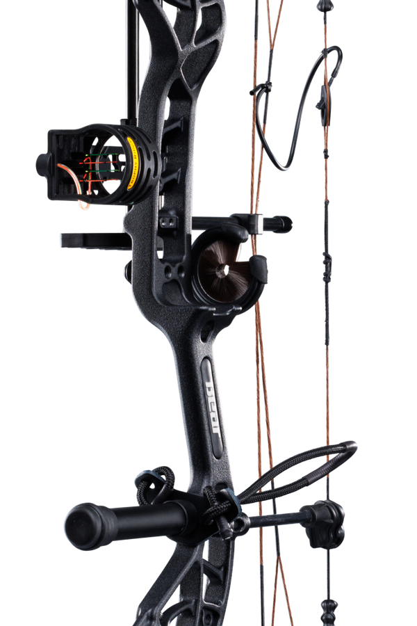 Close up of Bear Archery Cruzer G4 compound bow in color True Timber Strata highlighting Trophy Ridge accessories including a V-Biscuit rest, premium 4 pin sight, stabilizer, Radial peep sight, and wrist sling.