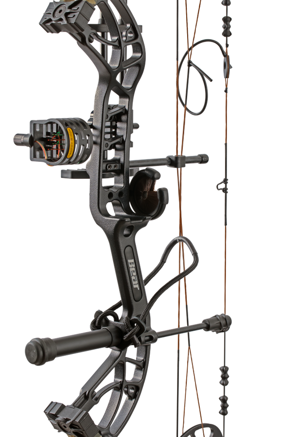 Close up of Bear Archery Cruzer G4 compound bow in color Fred Bear highlighting Trophy Ridge accessories including a V-Biscuit rest, premium 4 pin sight, stabilizer, Radial peep sight, and wrist sling.