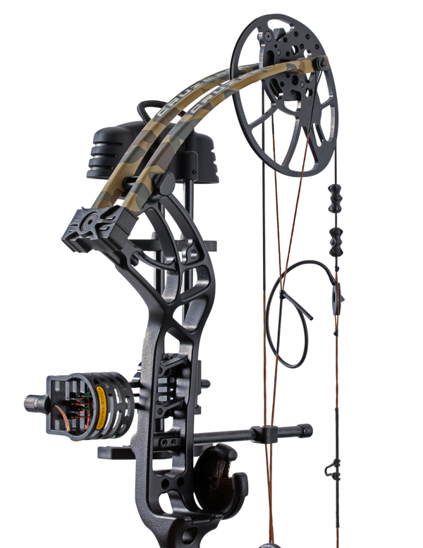 Close up of Trophy Ridge four pin sight and v-biscuit arrow rest. As well as Bear Archery's Cruzer G4 cam system and Fred Bear camo color limbs.