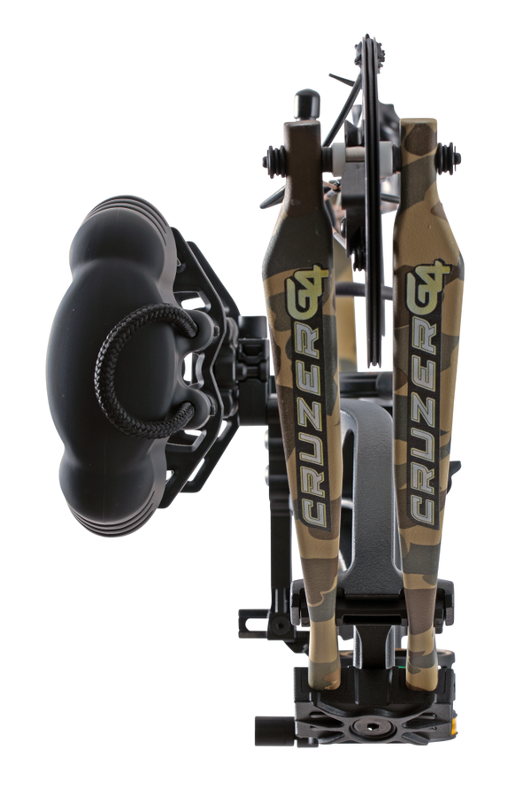Bear Archery Cruzer G4 logo on compact bow limbs in Fred Bear camo color.