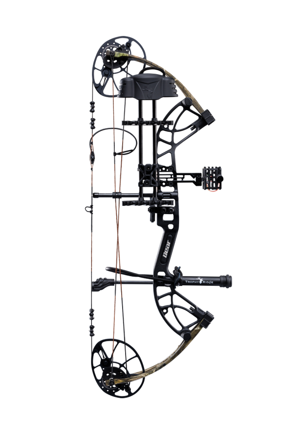Side view of the Bear Archery Cruzer G4 Compound Bow in color Mossy Oak Roots highlighting its Trophy Ridge Ready-To-Hunt package, featuring a V-Biscuit rest, premium 4 pin sight, 5 arrow quiver, stabilizer, Radial peep sight, and wrist sling.