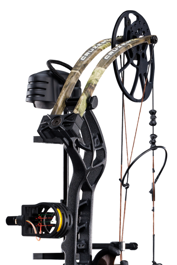 Close up of Trophy Ridge scope and Bear Archery Cruzer G4 cam system.
