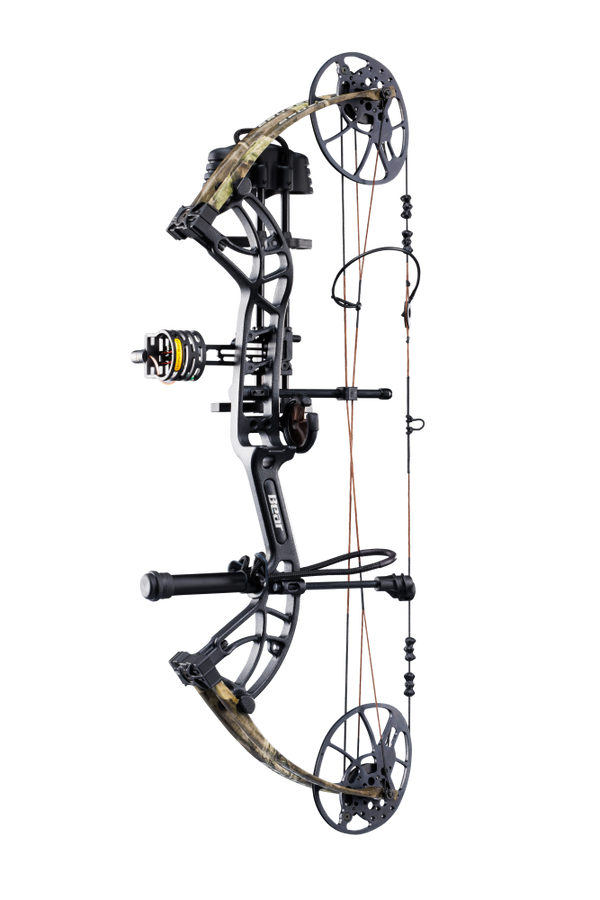 Bear Archery Cruzer G4 Compound Bow for bowhunting displayed against a transparent background, emphasizing its professional build quality, Mossy Oak Roots color option, and Trophy Ridge ready-to-hunt accessories.