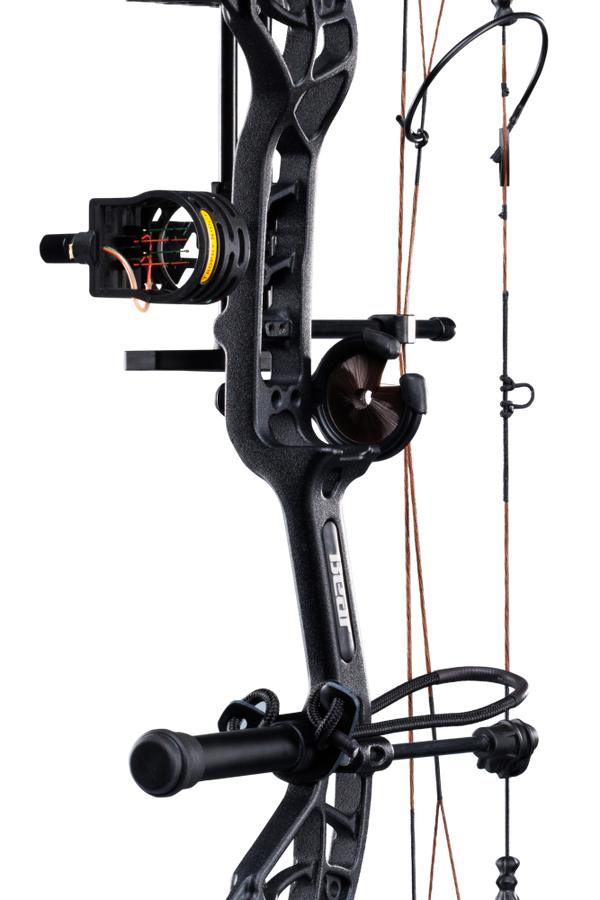 Close up of Bear Archery Cruzer G4 compound bow in color Mossy Oak Roots highlighting Trophy Ridge accessories including a V-Biscuit rest, premium 4 pin sight, stabilizer, Radial peep sight, and wrist sling.