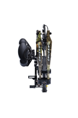 Close up of compound bow limbs showcasing Bear Archery Cruzer G4 compact bow logo on color Mossy Oak Roots.