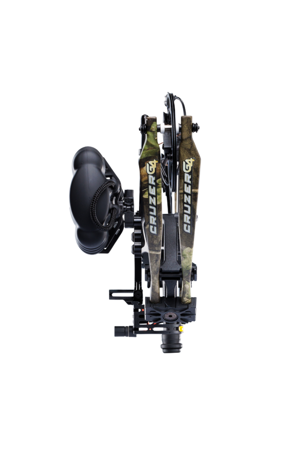 Close up of compound bow limbs showcasing Bear Archery Cruzer G4 compact bow logo on color Mossy Oak Roots.