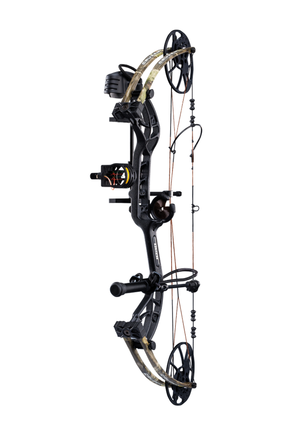 Side view of the Bear Archery Cruzer G4 Compound Bow in color Mossy Oak Roots highlighting its Trophy Ridge Ready-To-Hunt package, featuring a V-Biscuit rest, premium 4 pin sight, 5 arrow quiver, stabilizer, Radial peep sight, and wrist sling.