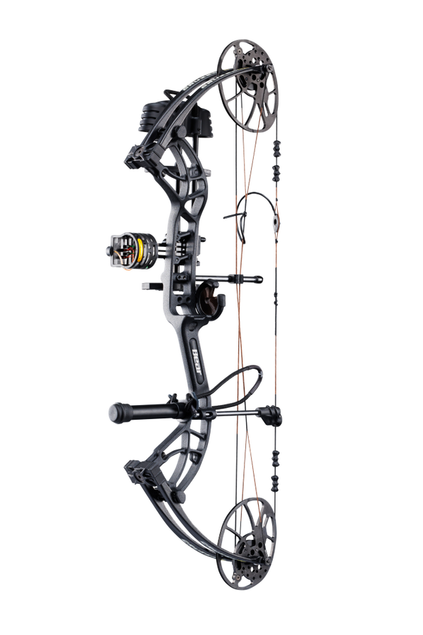 Side view of the Bear Archery Cruzer G4 Compound Bow in color Shadow highlighting its Trophy Ridge Ready-To-Hunt package, featuring a V-Biscuit rest, premium 4 pin sight, 5 arrow quiver, stabilizer, Radial peep sight, and wrist sling.