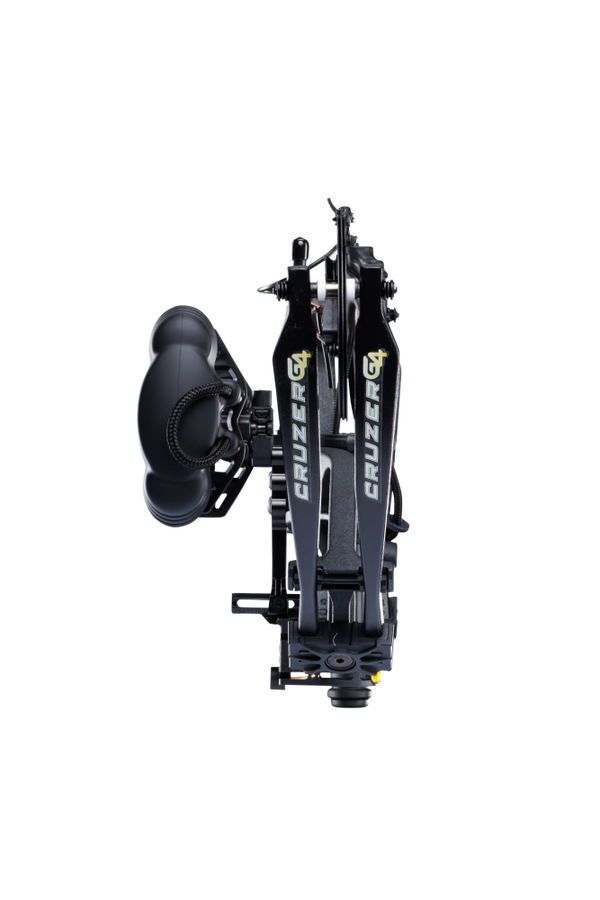 Close up of compound bow limbs showcasing Bear Archery Cruzer G4 compact bow logo on color Shadow.