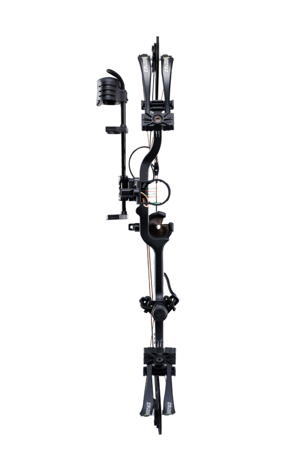Front view Bear Cruzer G4 Compact Bow in color Shadow with Trophy Ridge Ready-To-Hunt accessories.