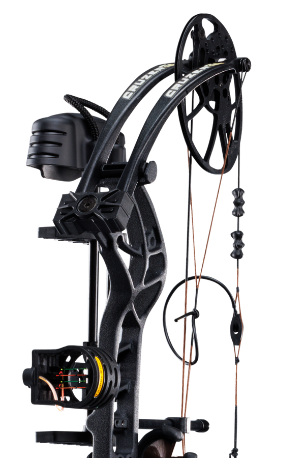 Close up of Trophy Ridge scope and Bear Archery Cruzer G4 cam system.