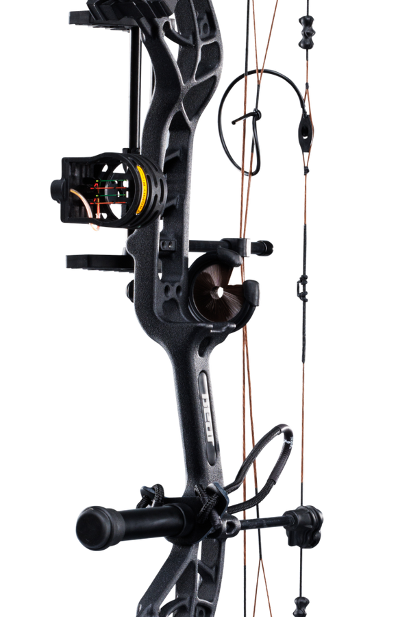 Close up of Bear Archery Cruzer G4 compound bow in color Shadow highlighting Trophy Ridge accessories including a V-Biscuit rest, premium 4 pin sight, stabilizer, Radial peep sight, and wrist sling.
