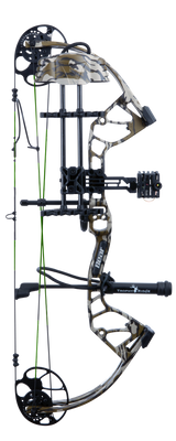 Mossy Oak Bottomland colored Bear Archery Gamekeeper JR RTH youth bow for hunting with a stable 27-inch axle-to-axle length comes ready-to-hunt.