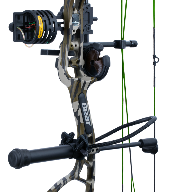 Close up of the Bear Archery Gamekeeper JR RTH youth bow for hunting including RTH accessories: sight, whisker biscuit, stabilizer, wrist sling, and arrow quiver.