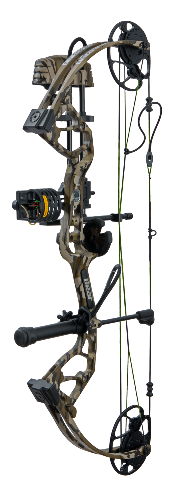 The Bear Archery Gamekeeper bow, in color Mossy Oak Bottomland equipped with Ready-to-hunt package from Trophy Ridge. - Kids Compound Bow - Youth Bow for Hunting