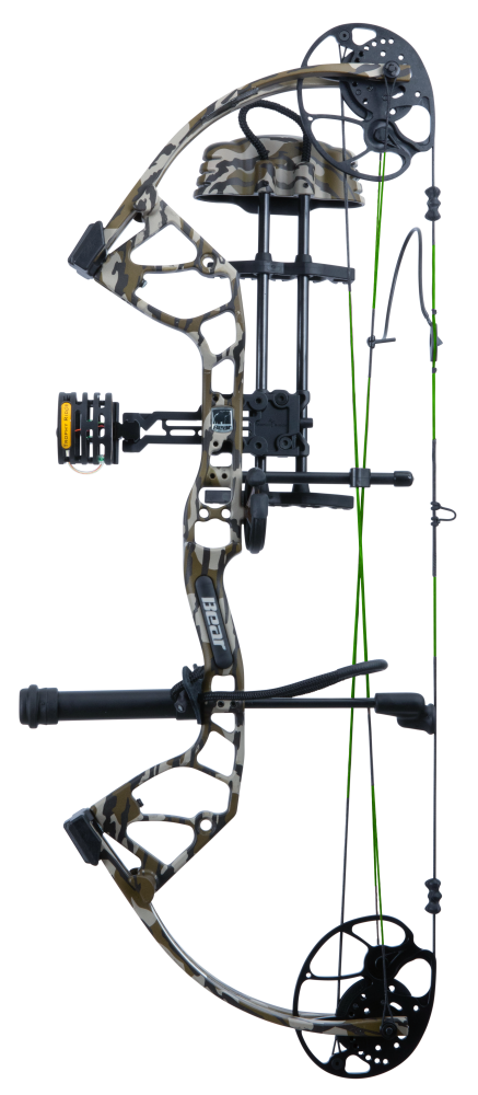Side view of Bear Archery youth hunting bow, the Gamekeeper Jr. in color Mossy Oak Bottomland. - Kids Compound Bow - Youth Bow for Hunting