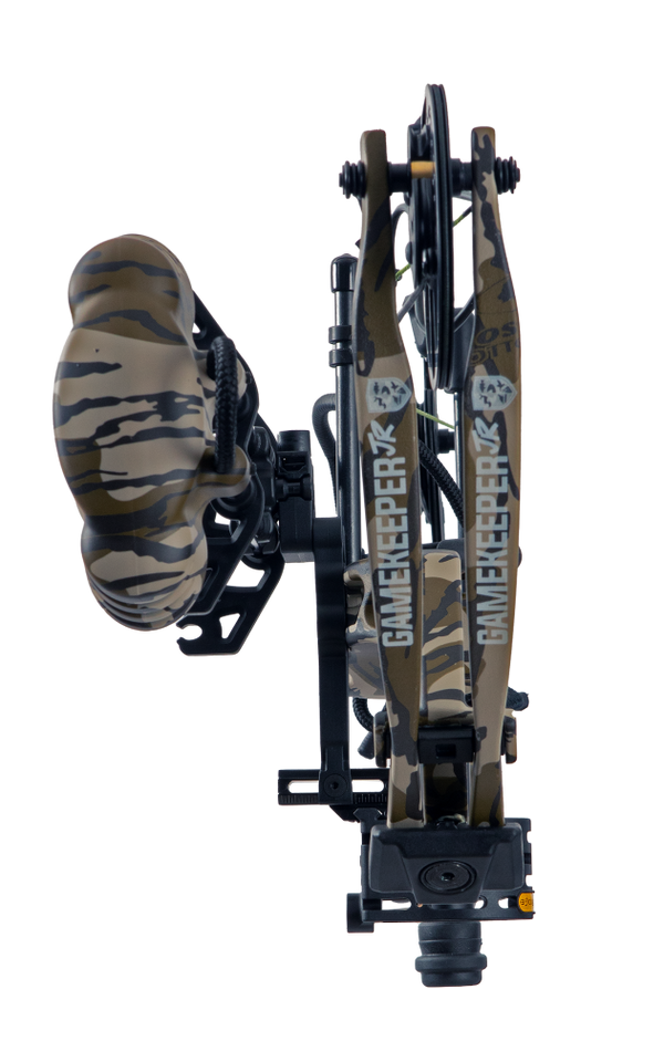 Close up of Bear Archery Gamekeeper bow limbs in color Mossy Oak Bottomland.